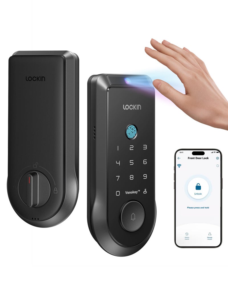 اربط قفل ذكي Lockin Veno مع أقفال ذكية للدخول بدون مفتاح من وريد النخيل للباب الأمامي مع قفل بصمة جرس الباب المدمج في تطبيق WiFi للتحكم عن بعد، عمر البطارية 7 أشهر، IP65 مقاوم للماء - Image 1